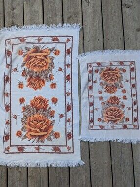 🤎🌼VTG 70s Autumn Cotton Rust Roses 2 Towels Bathroom Decor Rare Hand Bath Orange
